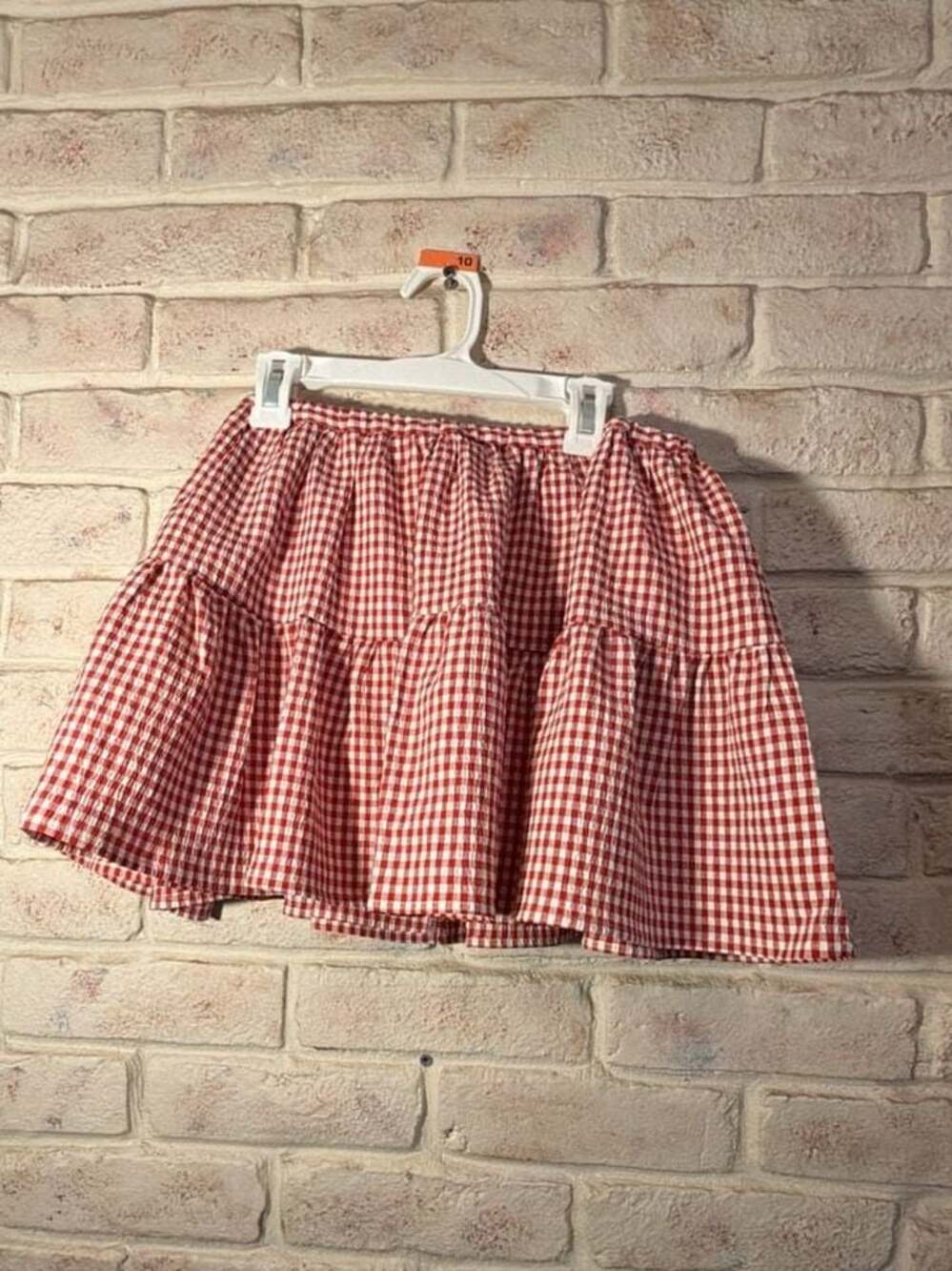 WAYF Red White Gingham Tiered Smocked Mini Skirt